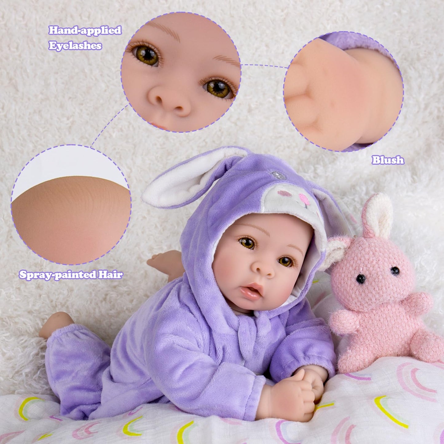 Aori Real Baby Dolls — 17-Inch Realistic Doll with Soft Body & Purple Bunny Outfit for 3+