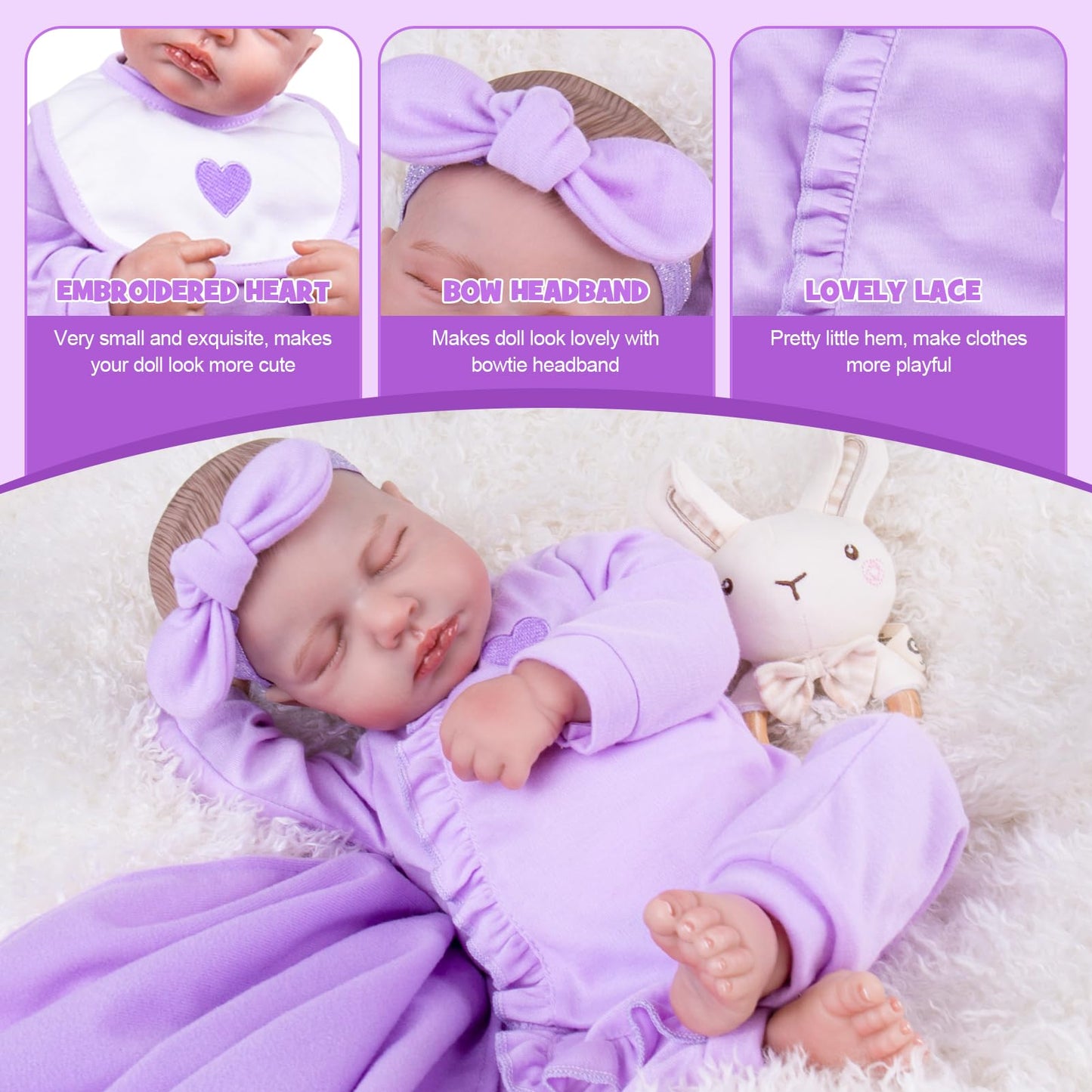 Aori 7-Piece Reborn Doll Clothes Set with Purple Bassinet for 17–22 Inch Dolls