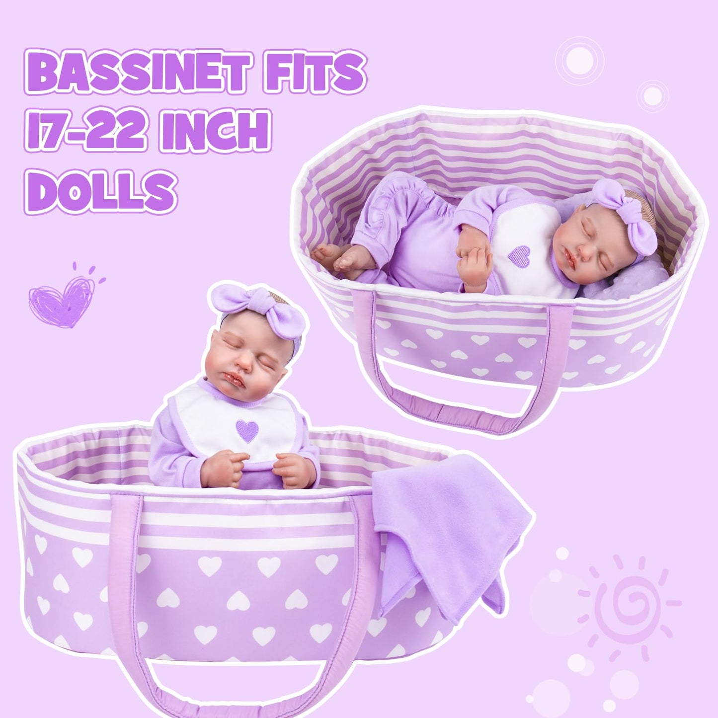 Aori 7-Piece Reborn Doll Clothes Set with Purple Bassinet for 17–22 Inch Dolls