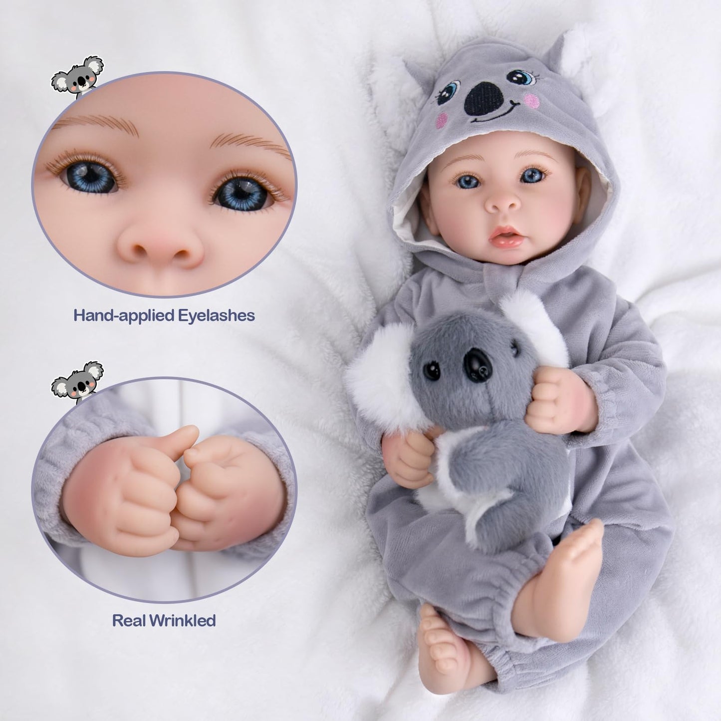 Aori 17-Inch Lifelike Baby Doll — Realistic Soft Body, Grey Outfit | Role Play & Adoption Day