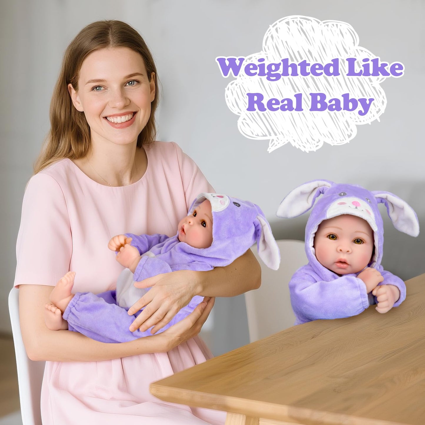 Aori Real Baby Dolls — 17-Inch Realistic Doll with Soft Body & Purple Bunny Outfit for 3+