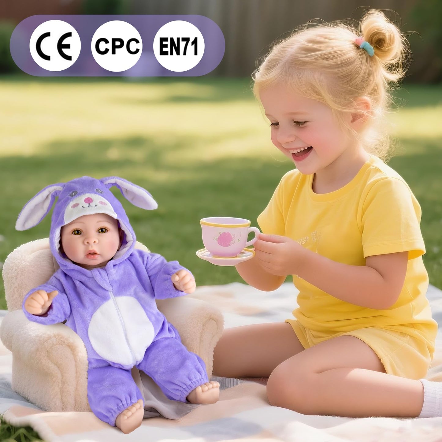 Aori Real Baby Dolls — 17-Inch Realistic Doll with Soft Body & Purple Bunny Outfit for 3+