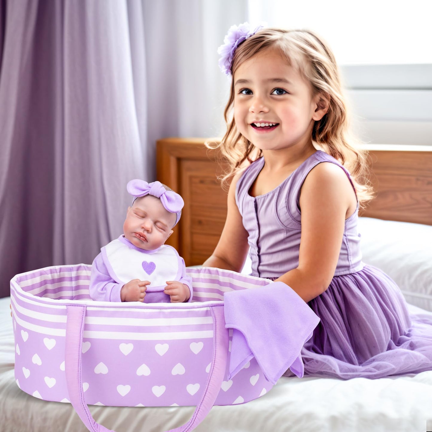 Aori 7-Piece Reborn Doll Clothes Set with Purple Bassinet for 17–22 Inch Dolls