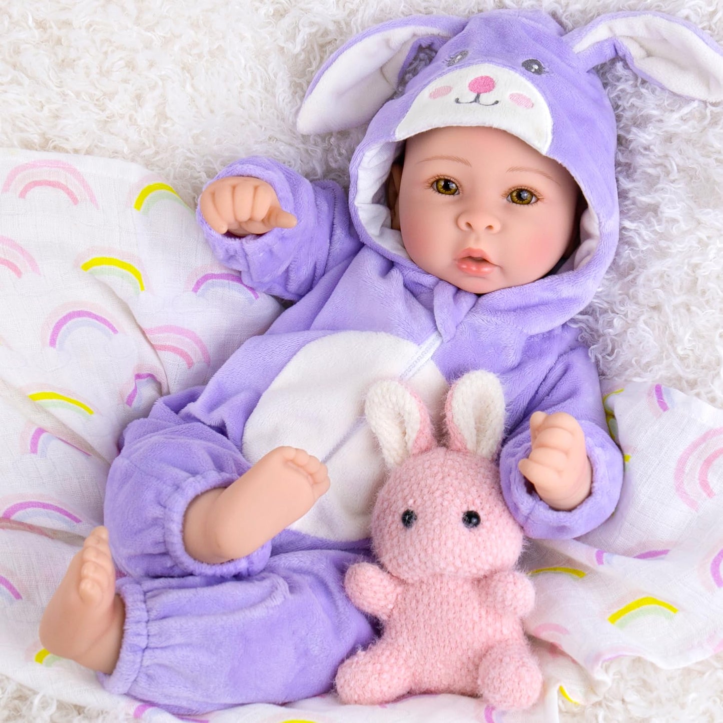 Aori Real Baby Dolls — 17-Inch Realistic Doll with Soft Body & Purple Bunny Outfit for 3+