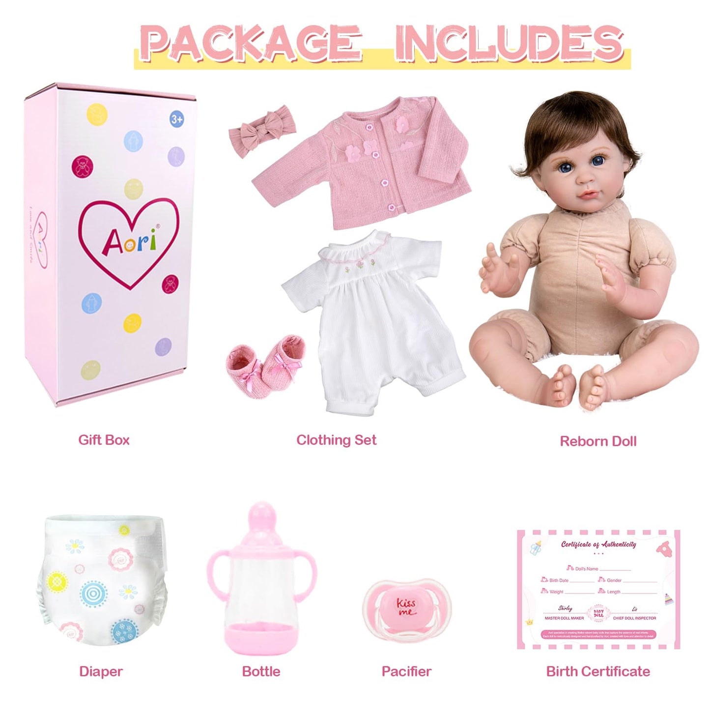 Aori Realistic Reborn Baby Dolls - 22 Inch Lifelike Baby Girl with Feeding Bottle & Pacifier