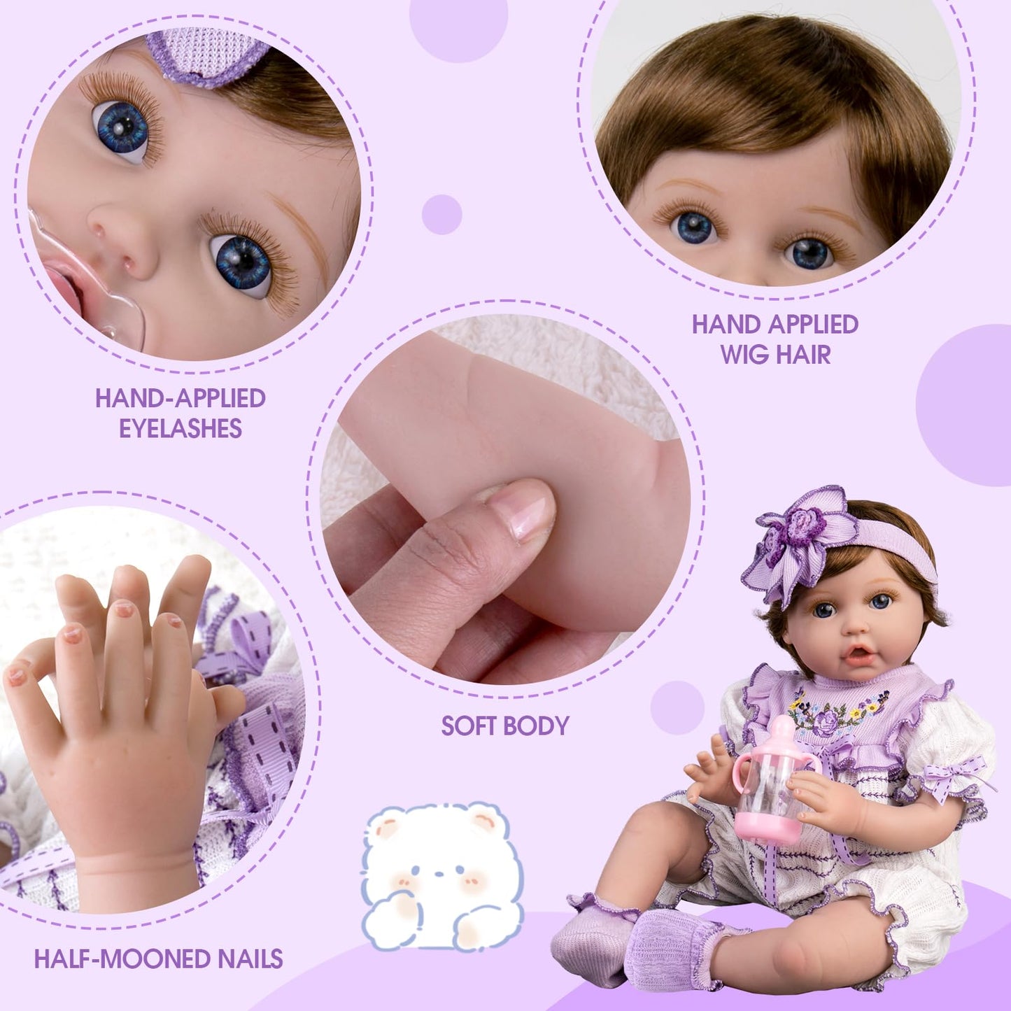 Aori Reborn Baby Doll 22-Inch Lifelike Girl with Feeding Set & Purple Outfit