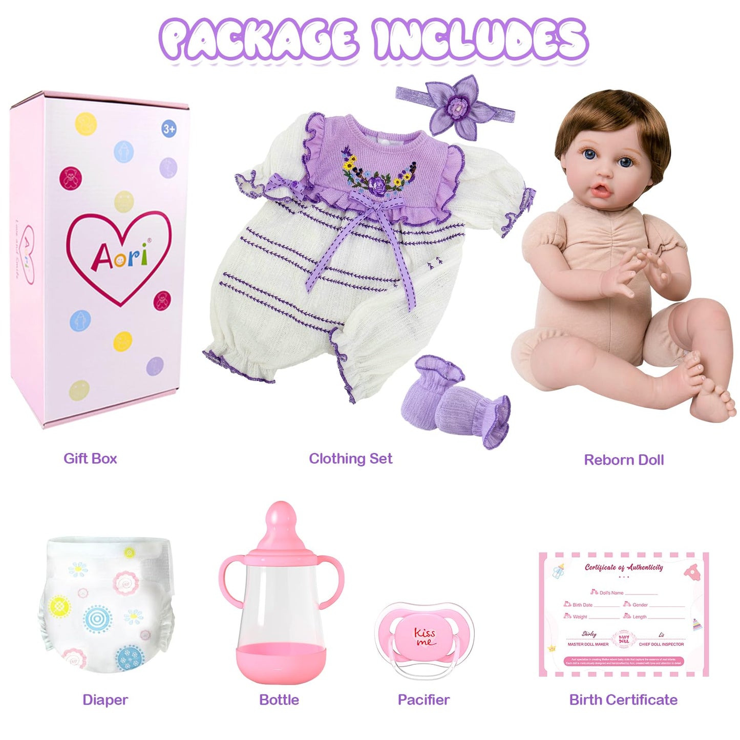 Aori Reborn Baby Doll 22-Inch Lifelike Girl with Feeding Set & Purple Outfit