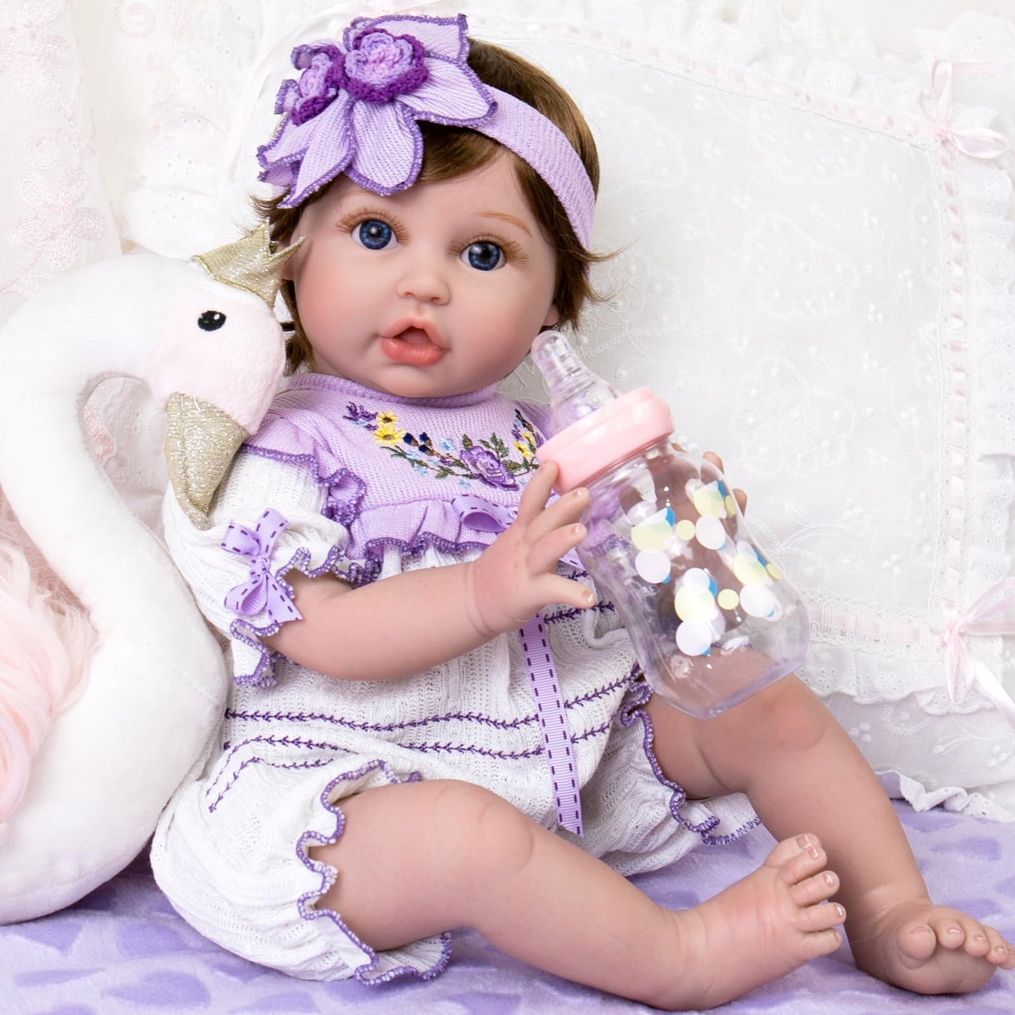 Aori Reborn Baby Doll 22-Inch Lifelike Girl with Feeding Set & Purple Outfit