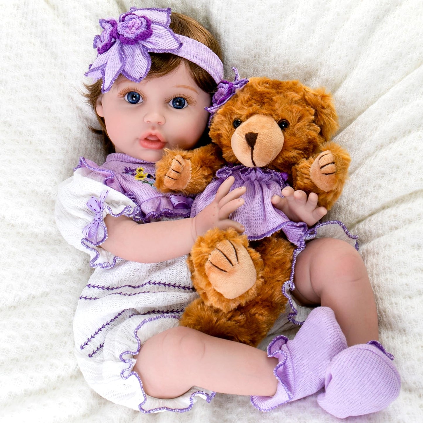 Aori Reborn Baby Doll 22-Inch Lifelike Girl with Feeding Set & Purple Outfit