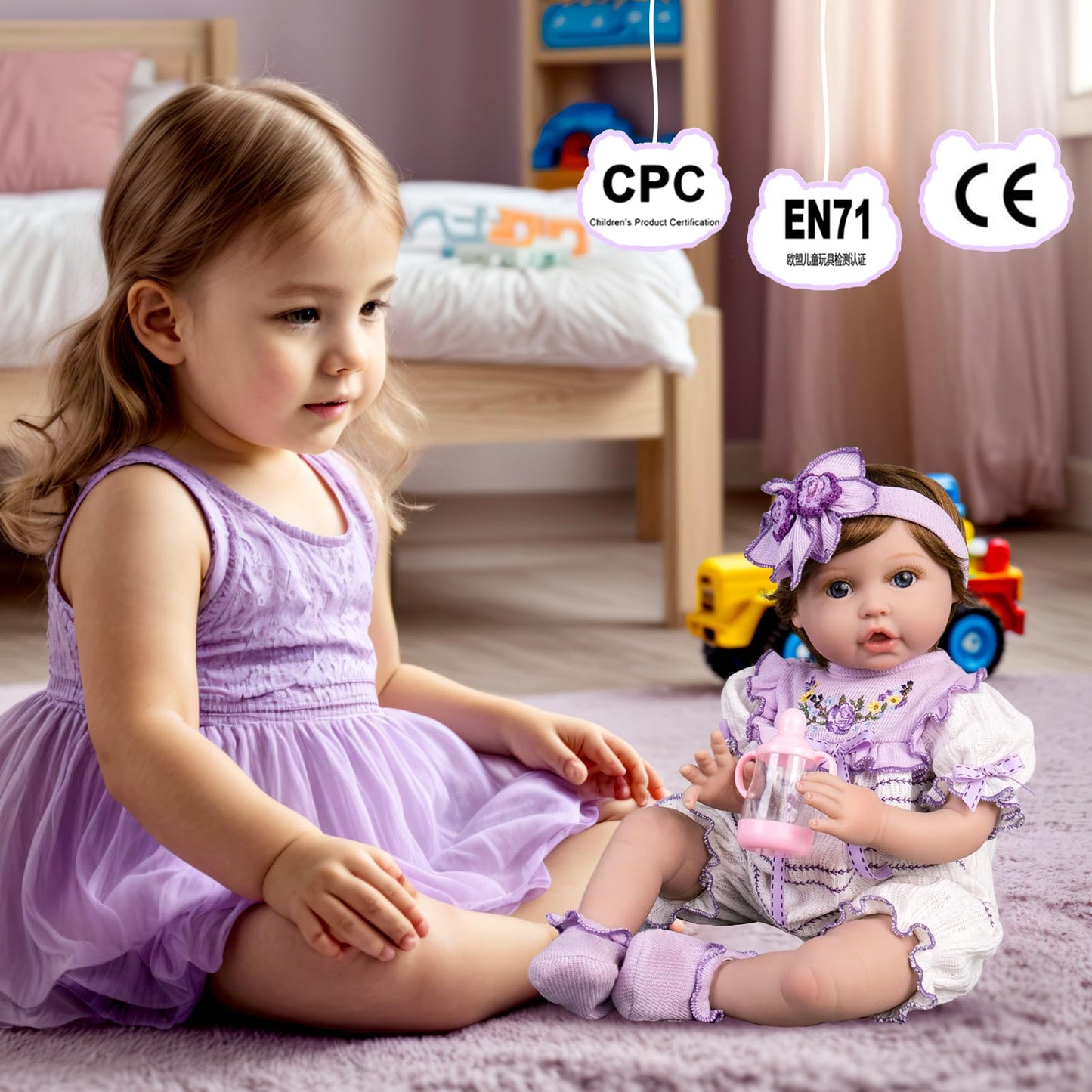 Aori Reborn Baby Doll 22-Inch Lifelike Girl with Feeding Set & Purple Outfit