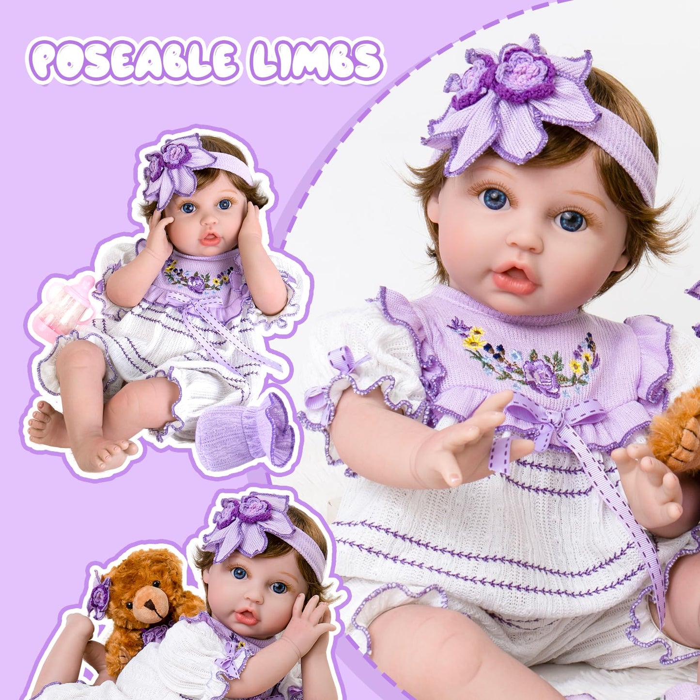 Aori Reborn Baby Doll 22-Inch Lifelike Girl with Feeding Set & Purple Outfit
