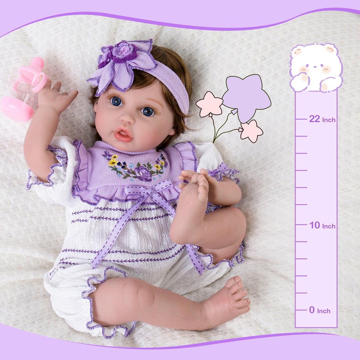 Aori Reborn Baby Doll 22-Inch Lifelike Girl with Feeding Set & Purple Outfit