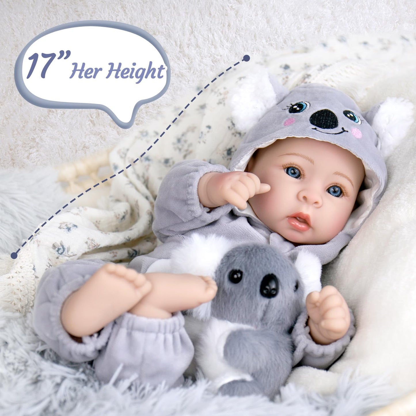 Aori 17-Inch Lifelike Baby Doll — Realistic Soft Body, Grey Outfit | Role Play & Adoption Day