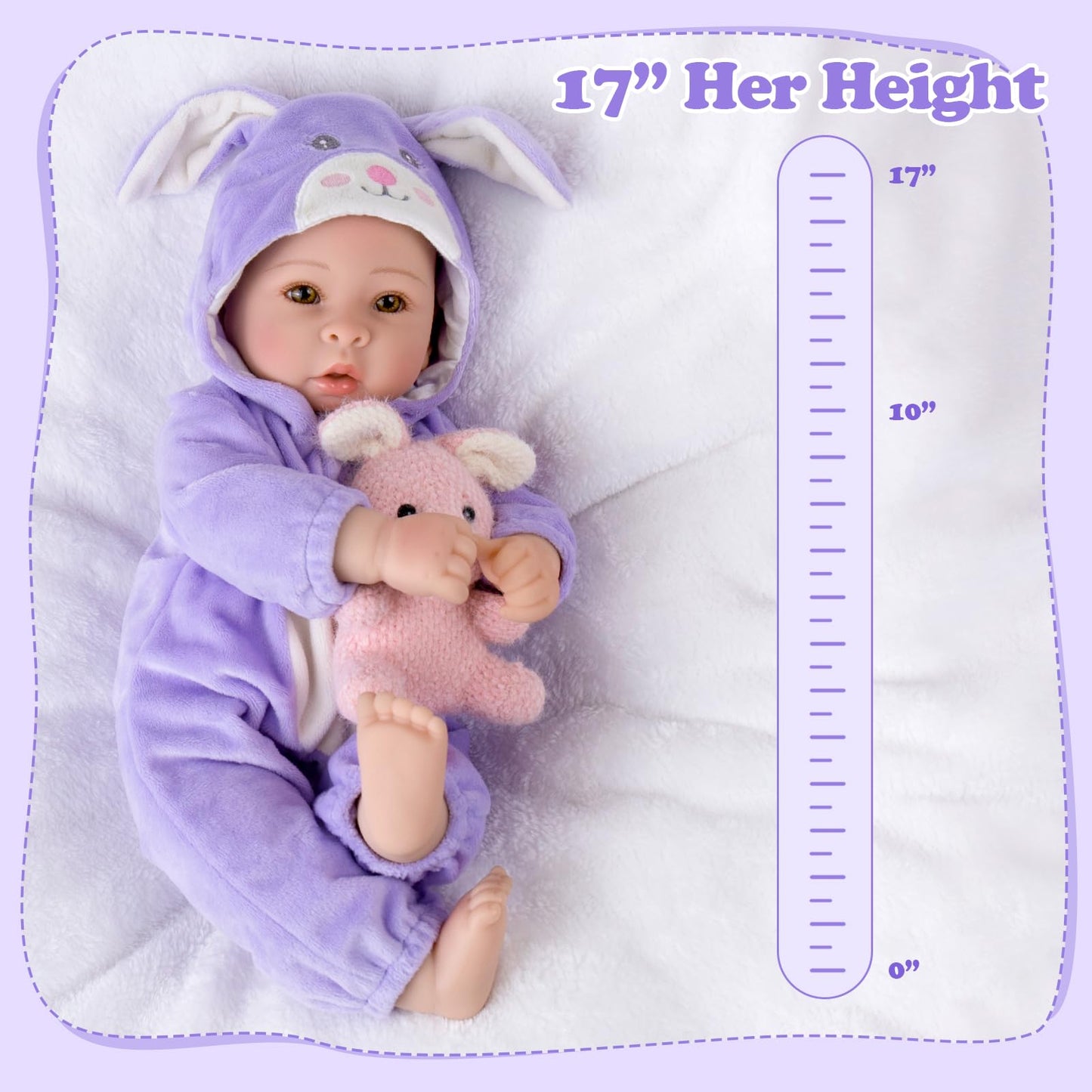 Aori Real Baby Dolls — 17-Inch Realistic Doll with Soft Body & Purple Bunny Outfit for 3+
