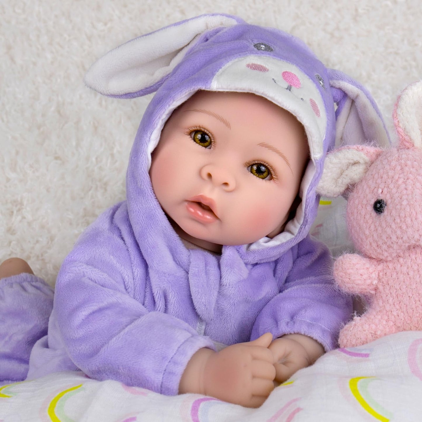 Aori Real Baby Dolls — 17-Inch Realistic Doll with Soft Body & Purple Bunny Outfit for 3+