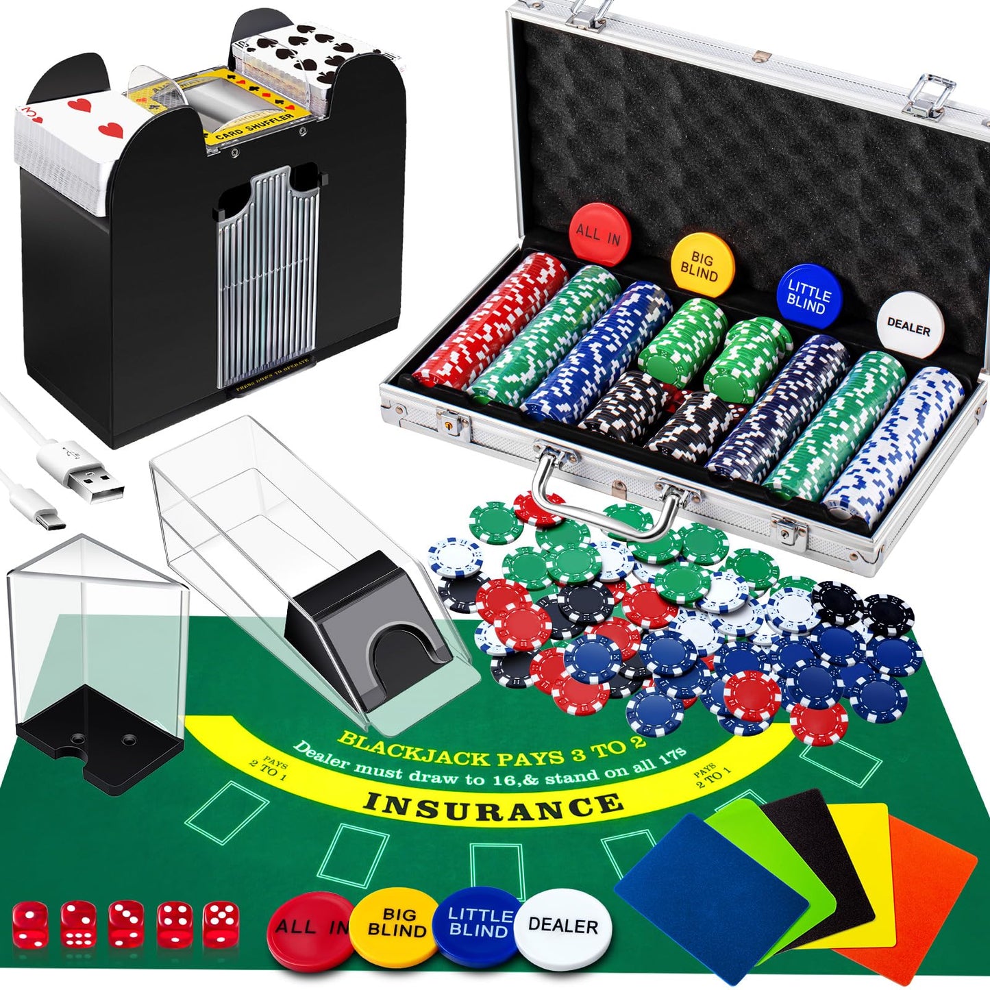 Aoriher Blackjack Casino Game Set – 6-Deck Shuffler, 300 Chips, Felt & Aluminum Case