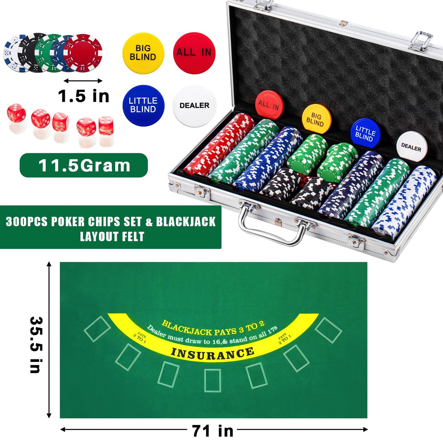 Aoriher Blackjack Casino Game Set – 6-Deck Shuffler, 300 Chips, Felt & Aluminum Case