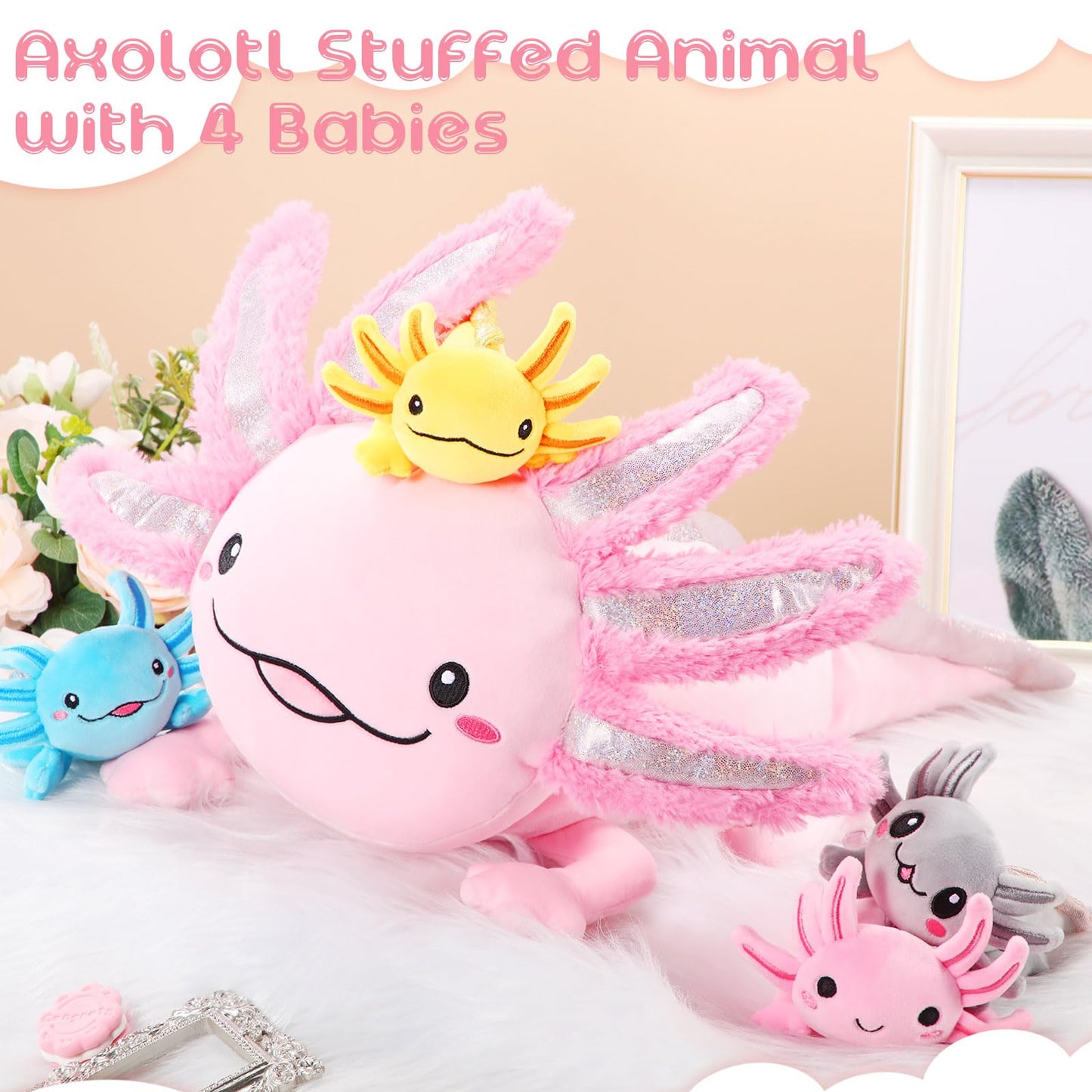 Aoriher Axolotl Plush Set – 24-Inch Mommy + 4 Babies – Cozy Plush Toys