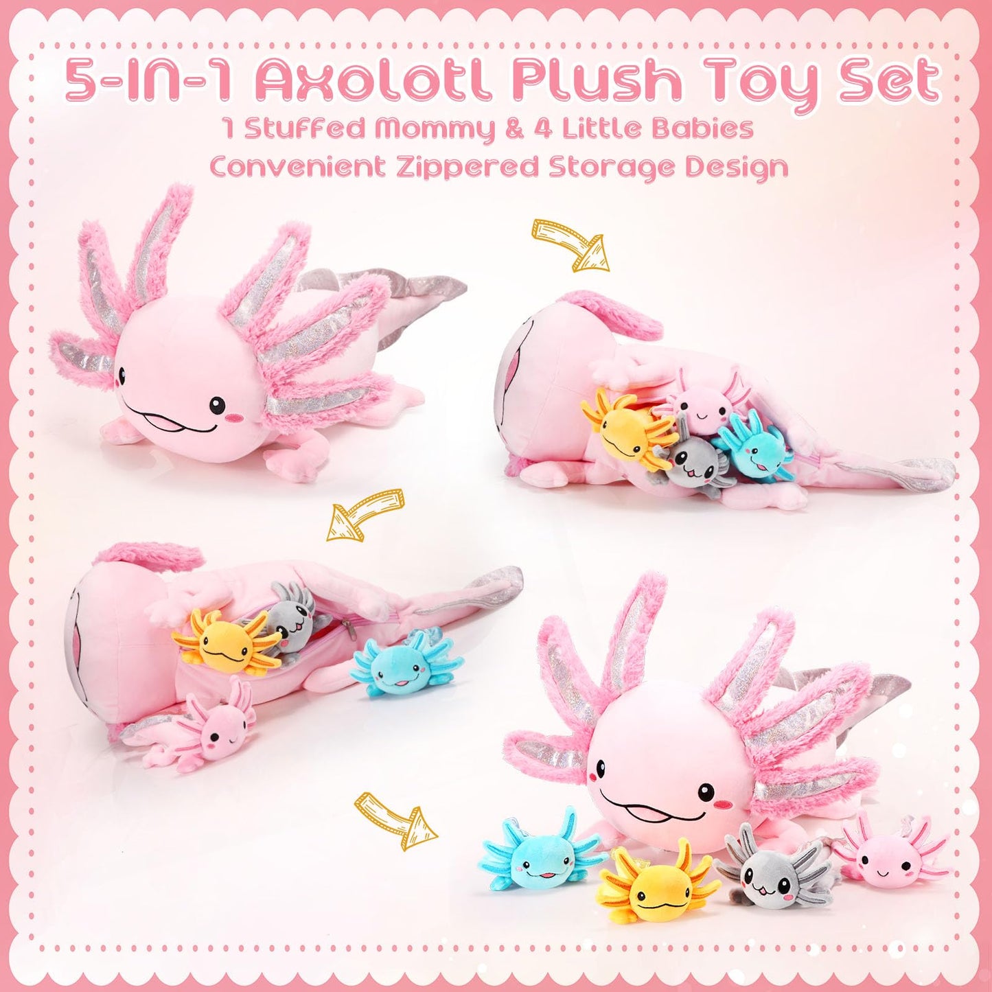 Aoriher Axolotl Plush Set – 24-Inch Mommy + 4 Babies – Cozy Plush Toys