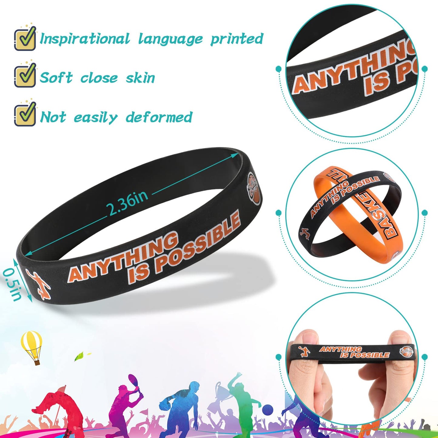 Aoriher 36-Piece Basketball Silicone Wristbands — Motivational Rubber Bracelets for Teams, Parties & Awards