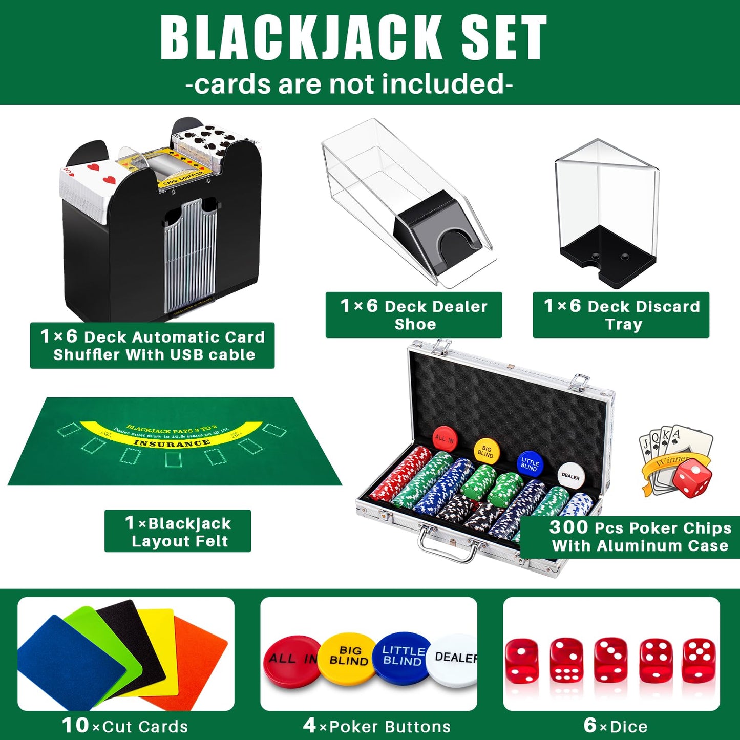 Aoriher Blackjack Casino Game Set – 6-Deck Shuffler, 300 Chips, Felt & Aluminum Case