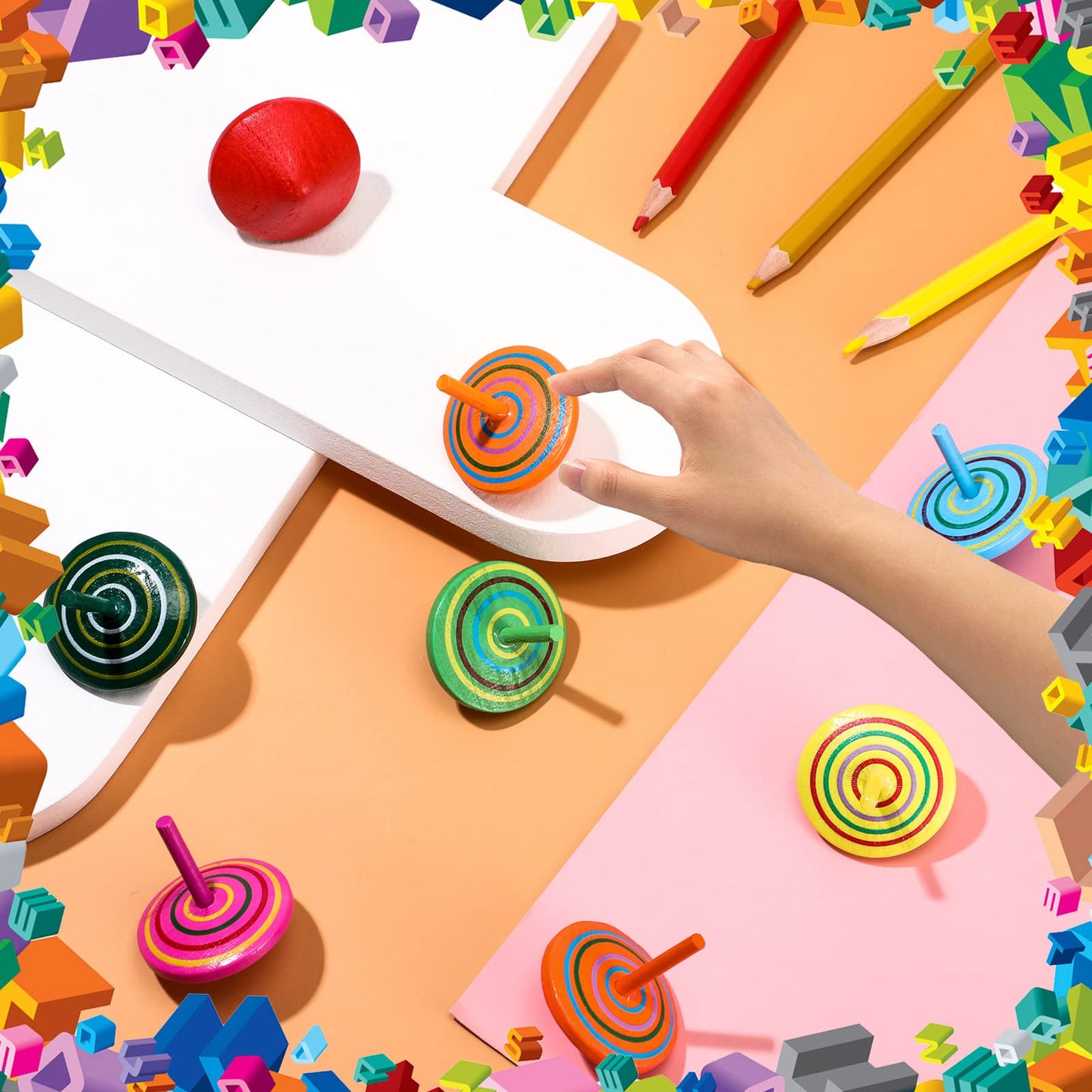 Aoriher Colorful Wood Spinning Tops – 24-Piece Educational Gyroscope Set