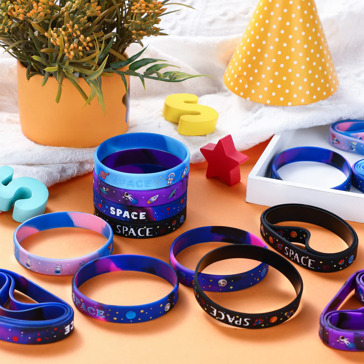 Aoriher Space Party Bracelets for Kids – Galaxy, Astronaut, Planet Silicone Wristbands (24 Pcs)