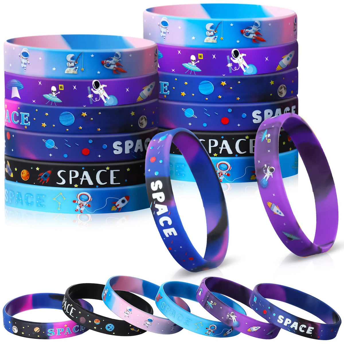 Aoriher Space Party Bracelets for Kids – Galaxy, Astronaut, Planet Silicone Wristbands (24 Pcs)