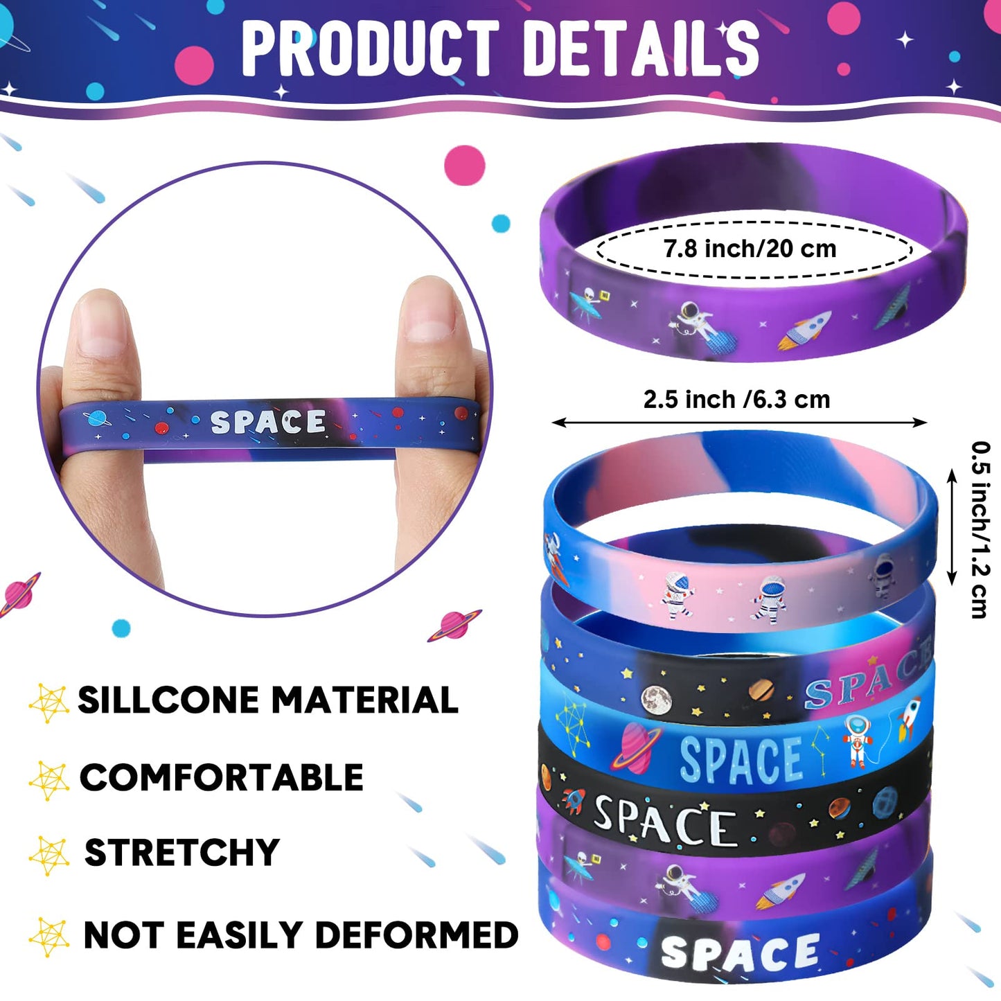 Aoriher Space Party Bracelets for Kids – Galaxy, Astronaut, Planet Silicone Wristbands (24 Pcs)