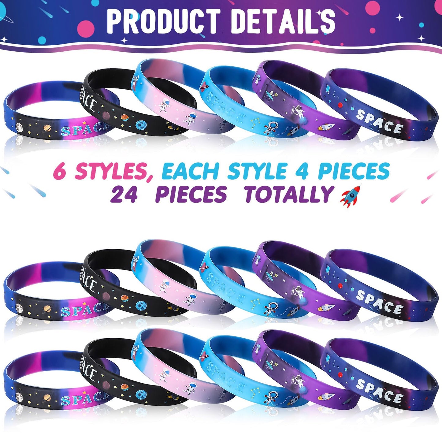 Aoriher Space Party Bracelets for Kids – Galaxy, Astronaut, Planet Silicone Wristbands (24 Pcs)