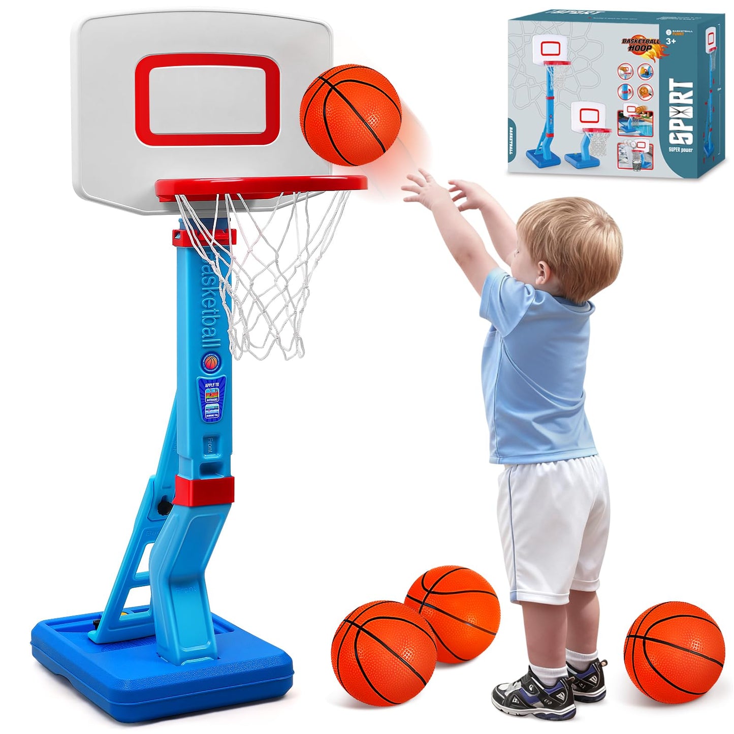AOSPHYS Toddler Basketball Hoop — Height Adjustable 27.6–54 inches, Indoor/Outdoor with 4 Balls & Pump