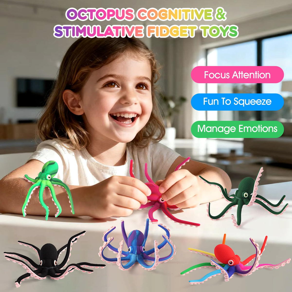 AOSTEONG Octopus Fidget Toy with Suction Cups – Silicone Stress Relief & Sensory Desk Toy (Rainbow)