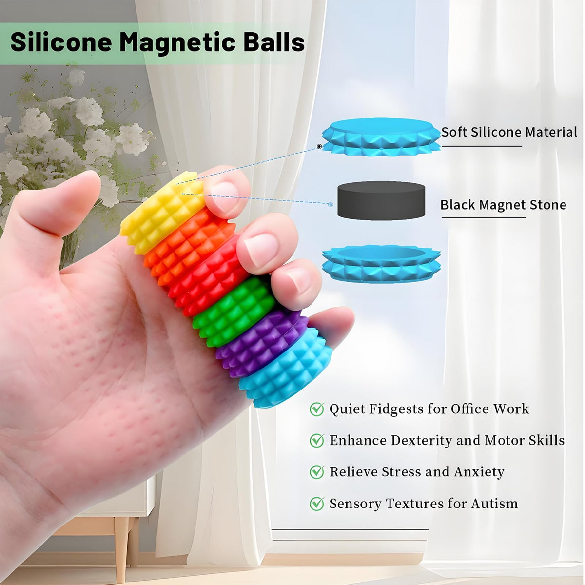 AOSTEONG Silicone Magnetic Stress Balls – 6-Pack Fidget Toys for Focus, Stress Relief, and Travel