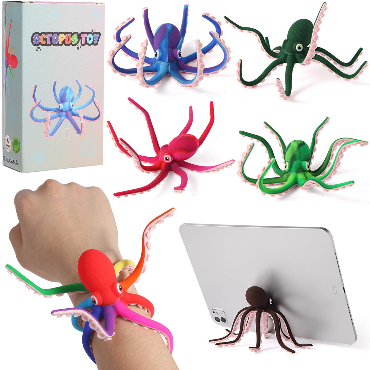 AOSTEONG Octopus Fidget Toy with Suction Cups – Silicone Stress Relief & Sensory Desk Toy (Rainbow)