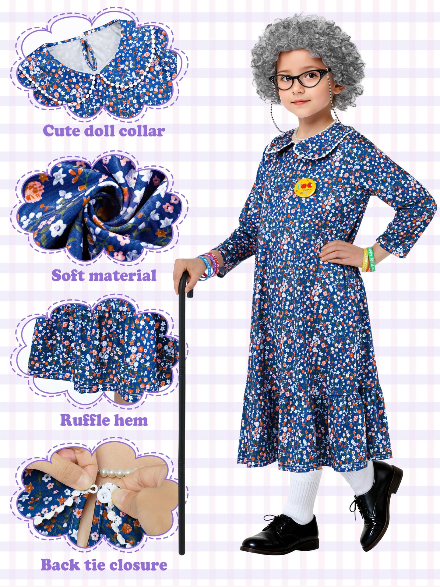 AOTHSO 13-Piece Old Lady Costume for Kids - 100 Days Dress Up Kit with Wig, Glasses & Accessories