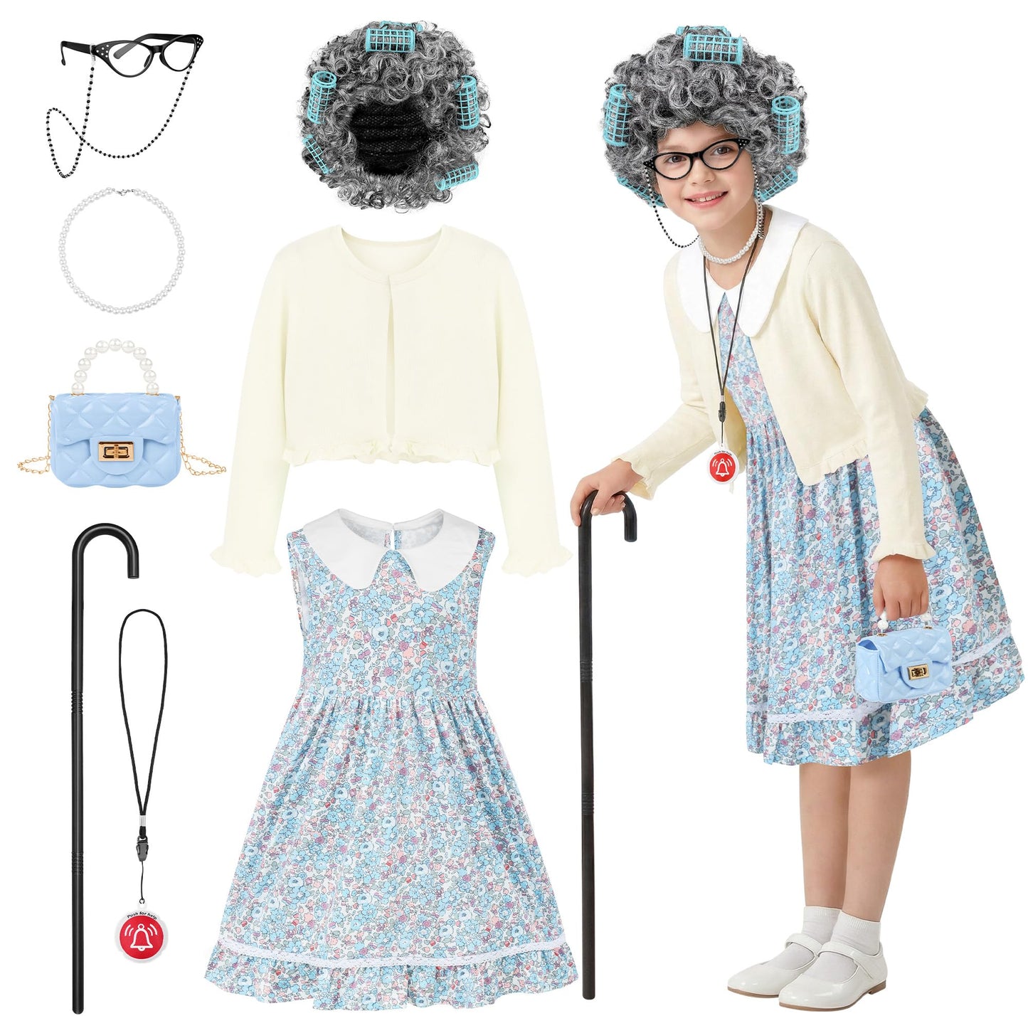 AOTHSO 8-Piece Granny Costume Set for Kids — Floral Dress, Cardigan, Wig, Glasses, Cane