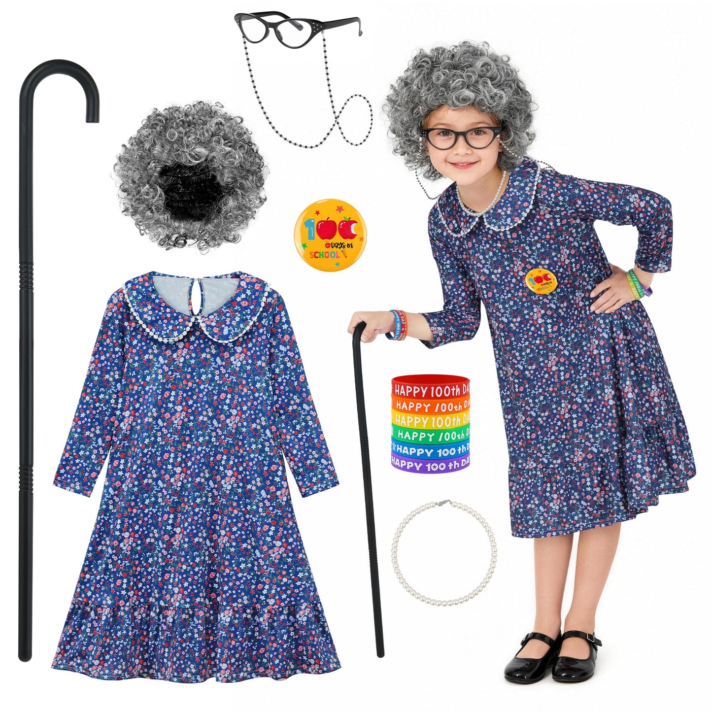 AOTHSO 13-Piece Old Lady Costume for Kids - 100 Days Dress Up Kit with Wig, Glasses & Accessories