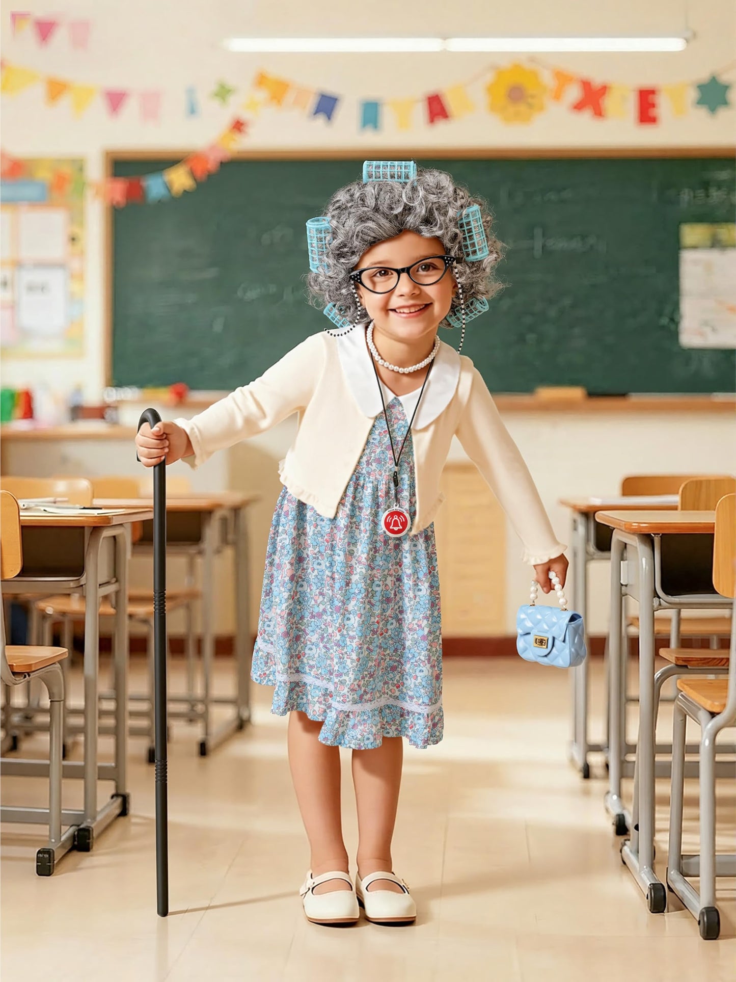AOTHSO 8-Piece Granny Costume Set for Kids — Floral Dress, Cardigan, Wig, Glasses, Cane