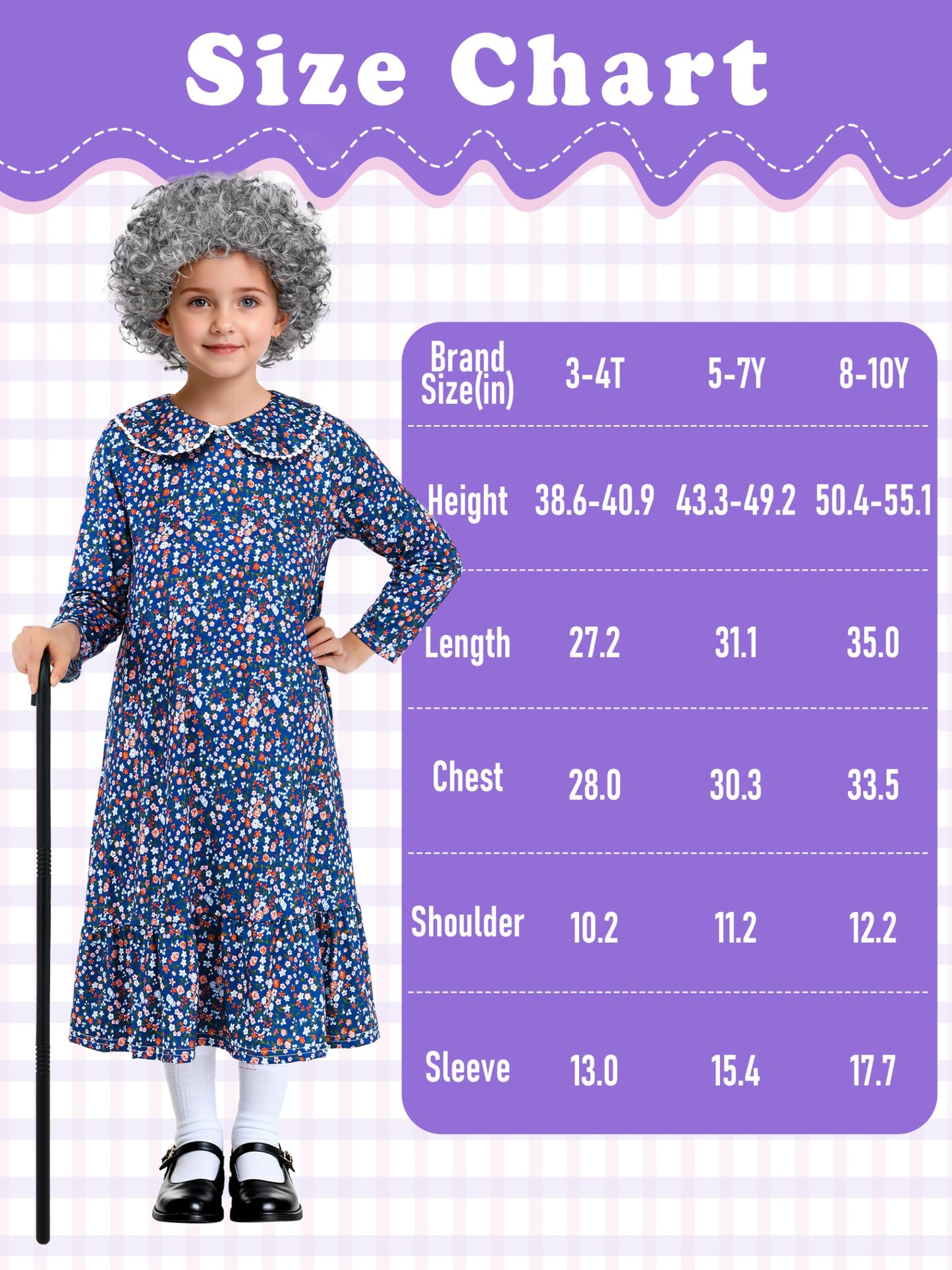 AOTHSO 13-Piece Old Lady Costume for Kids - 100 Days Dress Up Kit with Wig, Glasses & Accessories