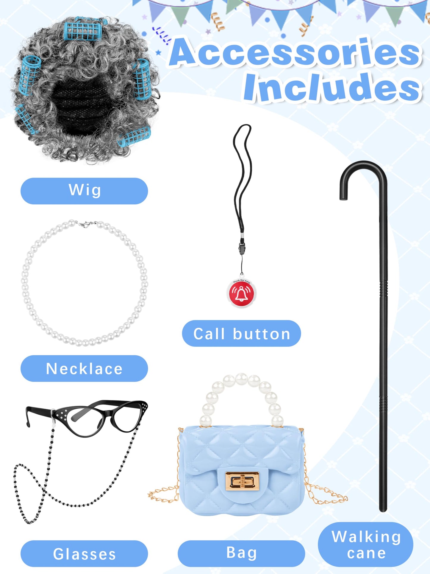 AOTHSO 8-Piece Granny Costume Set for Kids — Floral Dress, Cardigan, Wig, Glasses, Cane