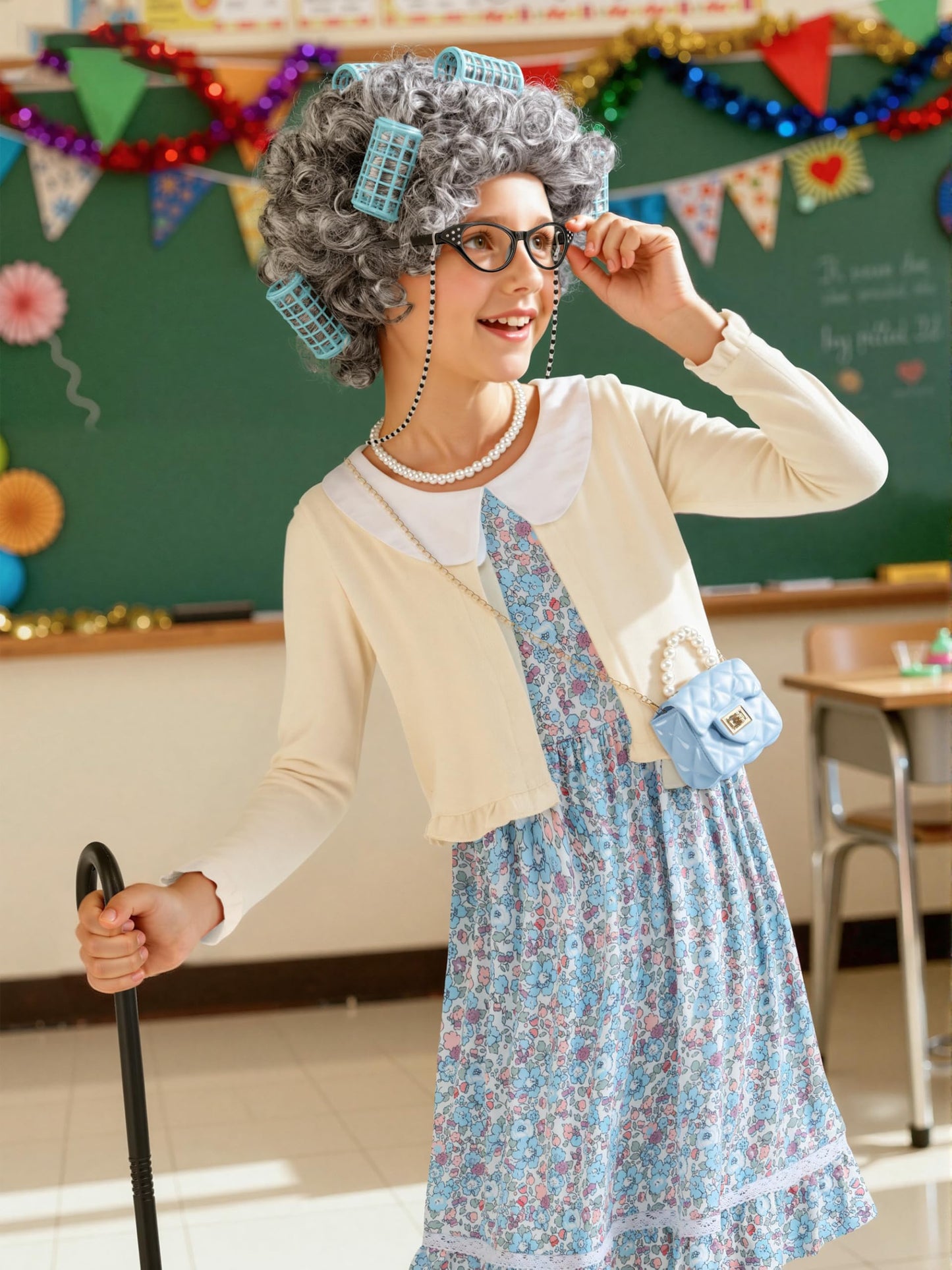 AOTHSO 8-Piece Granny Costume Set for Kids — Floral Dress, Cardigan, Wig, Glasses, Cane