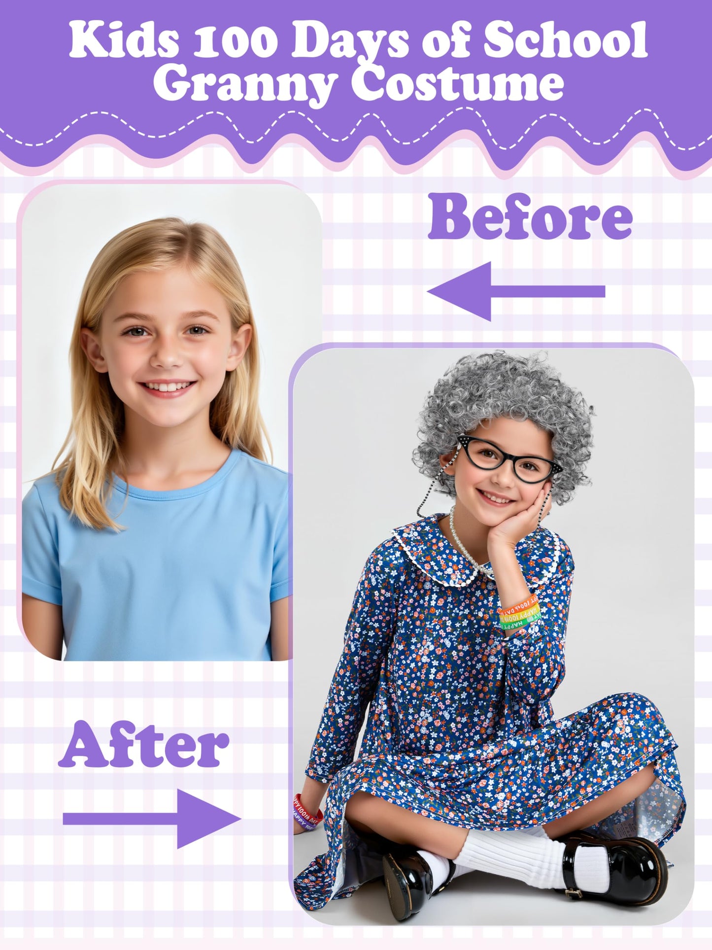 AOTHSO 13-Piece Old Lady Costume for Kids - 100 Days Dress Up Kit with Wig, Glasses & Accessories