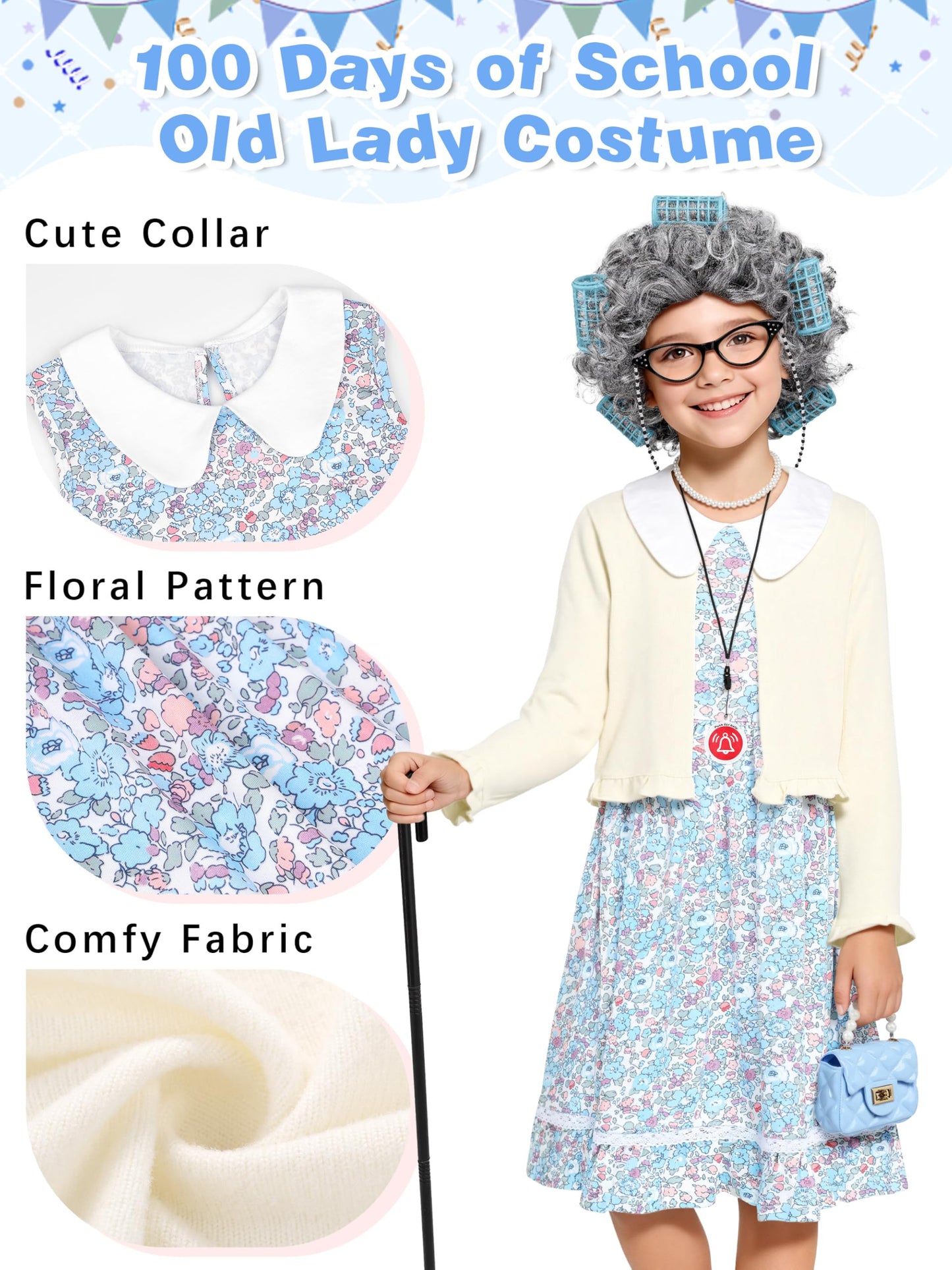AOTHSO 8-Piece Granny Costume Set for Kids — Floral Dress, Cardigan, Wig, Glasses, Cane