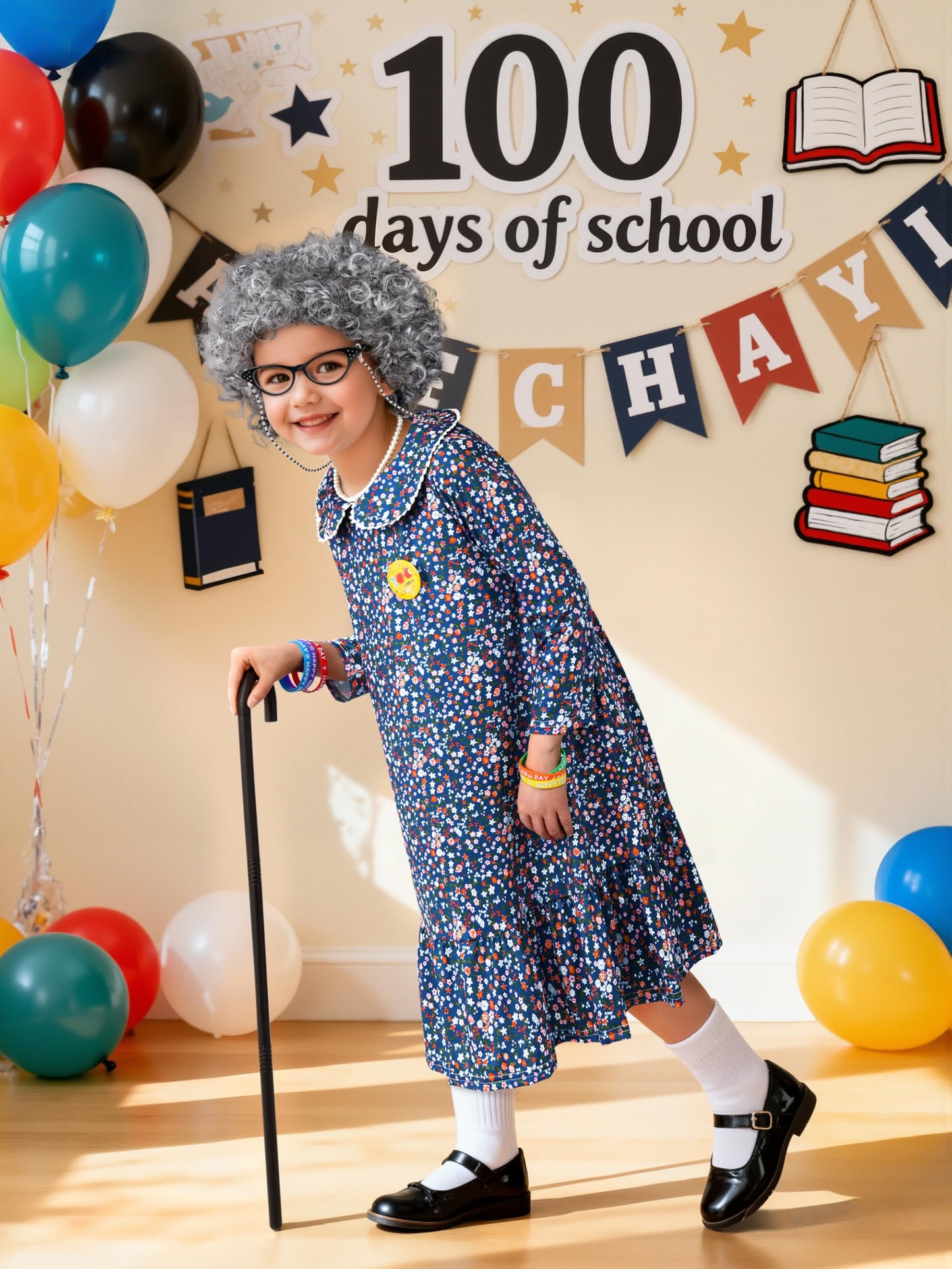 AOTHSO 13-Piece Old Lady Costume for Kids - 100 Days Dress Up Kit with Wig, Glasses & Accessories