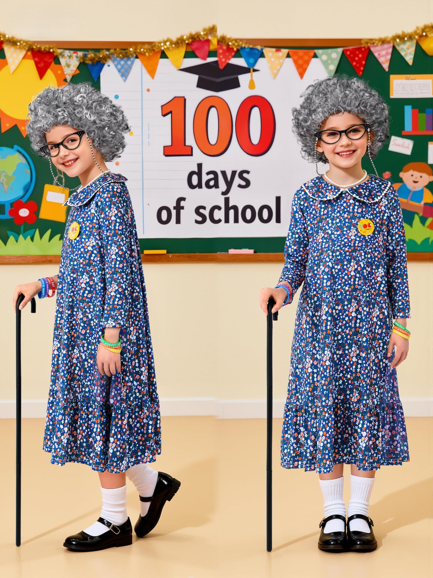 AOTHSO 13-Piece Old Lady Costume for Kids - 100 Days Dress Up Kit with Wig, Glasses & Accessories