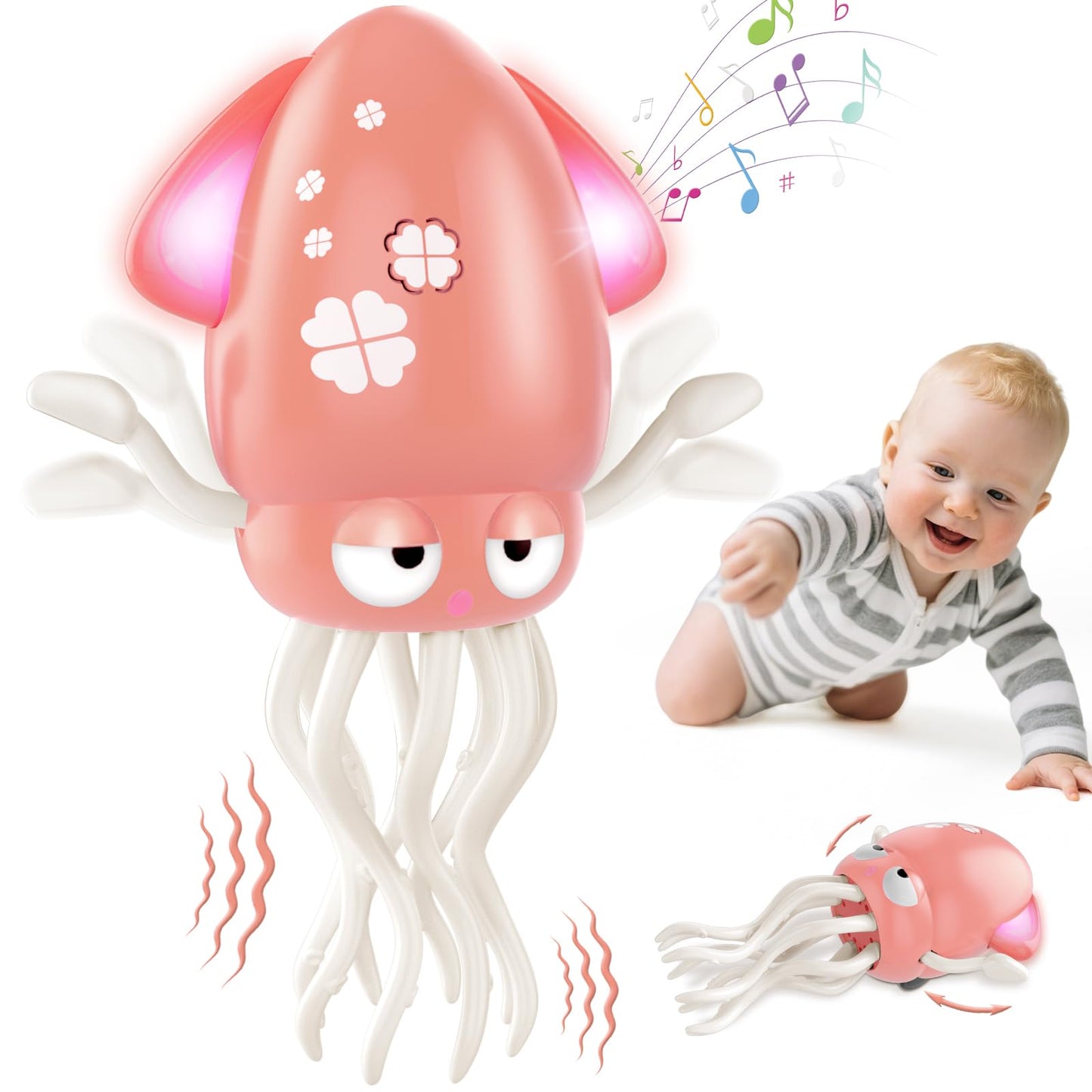 AOTIBO Baby Dancing Octopus Toy – Pink Interactive Crawling Octopus for Toddlers, 12–60 Months