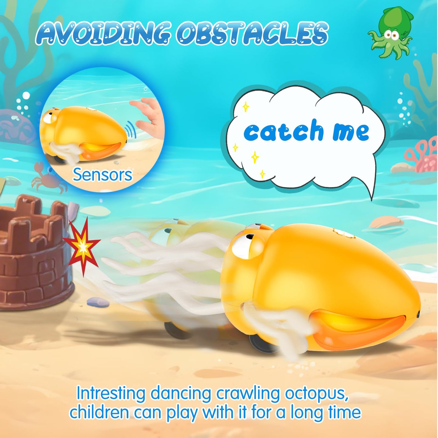 AOTIBO Baby Dancing Octopus Toy – Electric Crawling Octopus for 1-5 Year Olds, Yellow