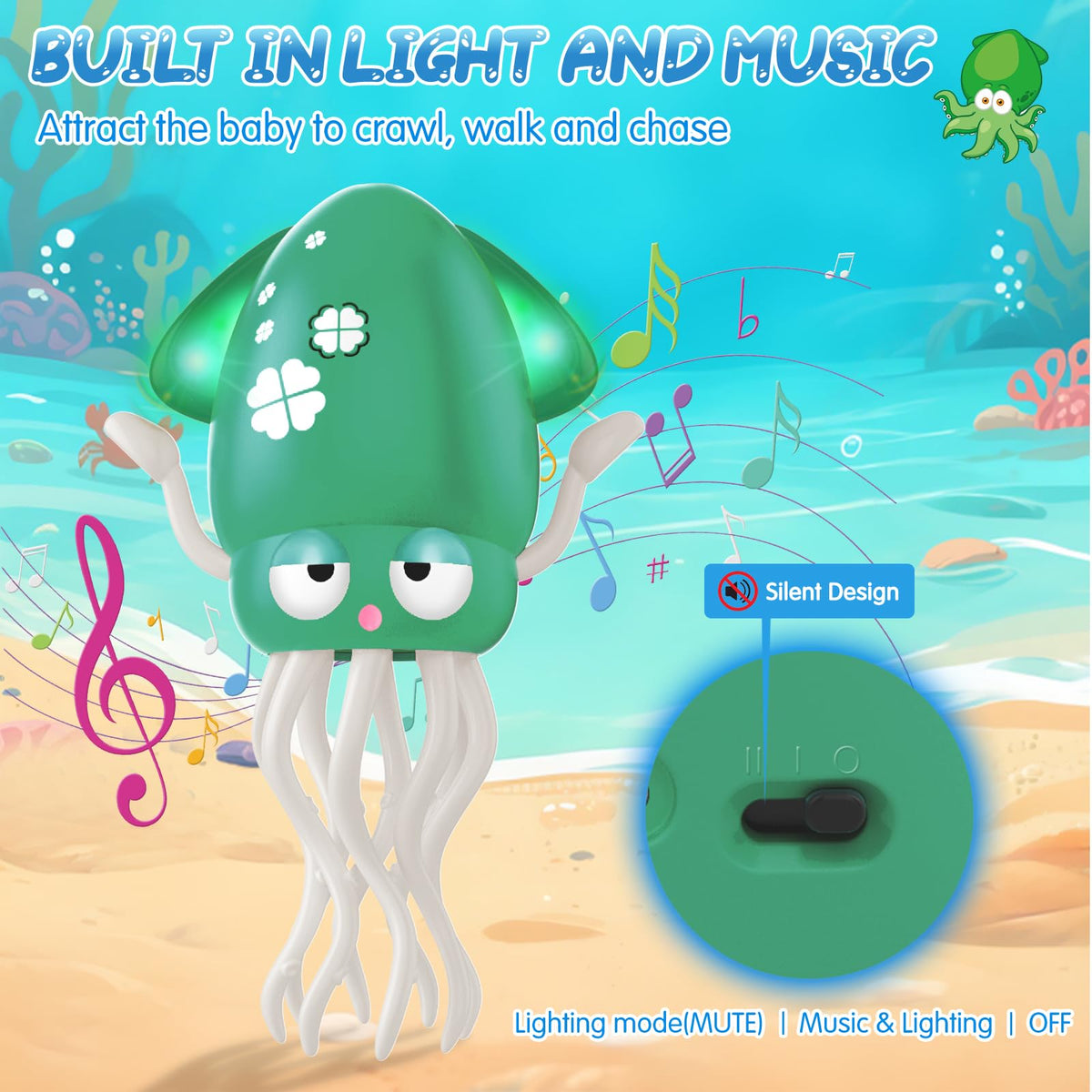 AOTIBO Dancing Octopus Toy for Babies & Toddlers – Crawling, Tummy Time, Lights & Music (Green)
