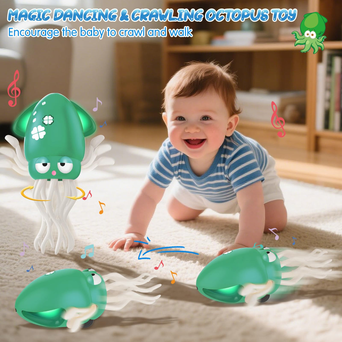 AOTIBO Dancing Octopus Toy for Babies & Toddlers – Crawling, Tummy Time, Lights & Music (Green)