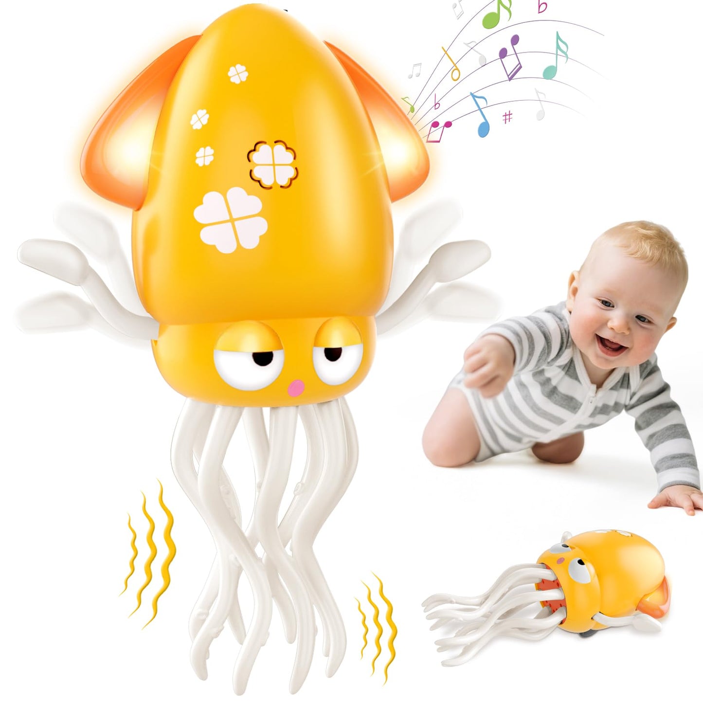 AOTIBO Baby Dancing Octopus Toy – Electric Crawling Octopus for 1-5 Year Olds, Yellow